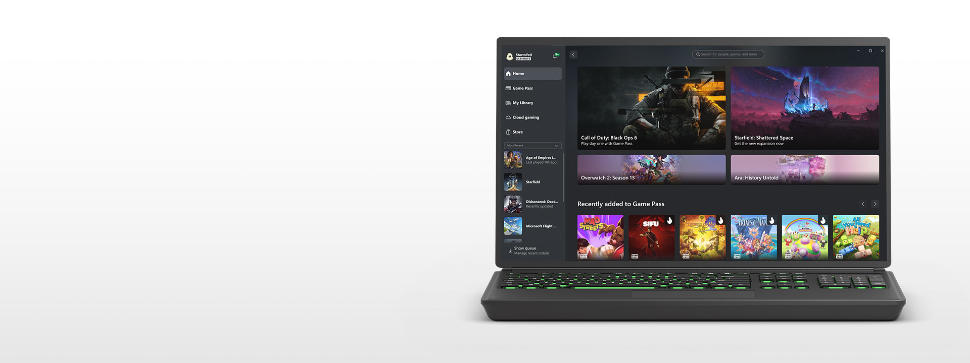 ノート PC に表示された Windows PC 用 Xbox アプリのユーザー インターフェイス