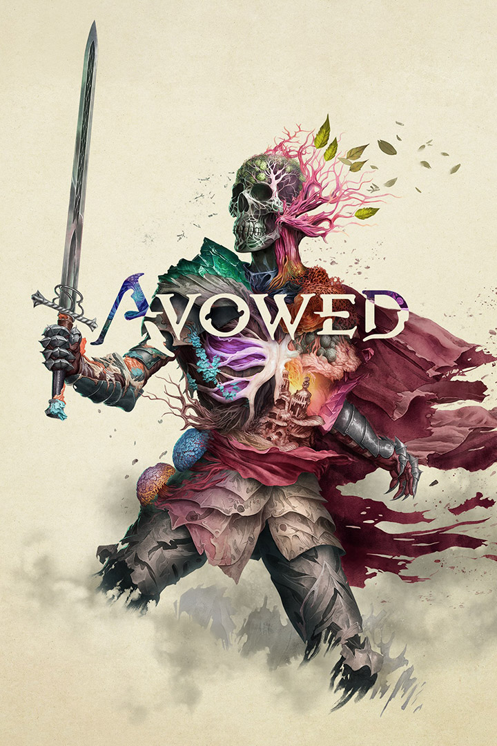 Avowed のロゴ、骸骨の戦士のマントが風になびき、彼らの体が植物のようなものに腐敗していくシーン。
