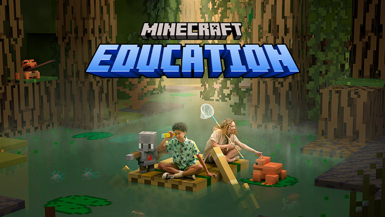 Minecraft Education logo, two children sitting on swamp raft in the Minecraft world.