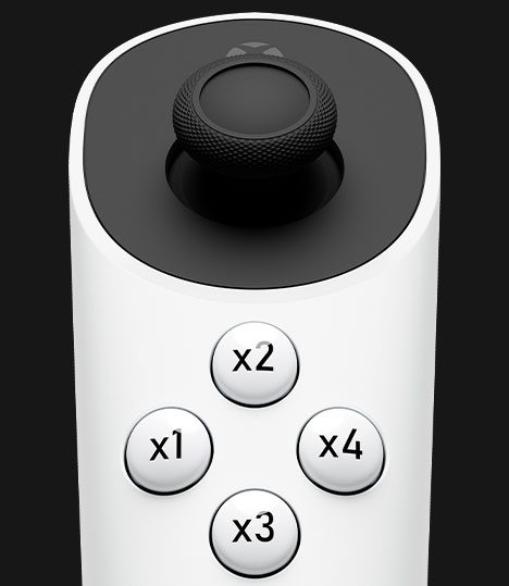 Primer plano de los cuatro botones principales y el joystick
