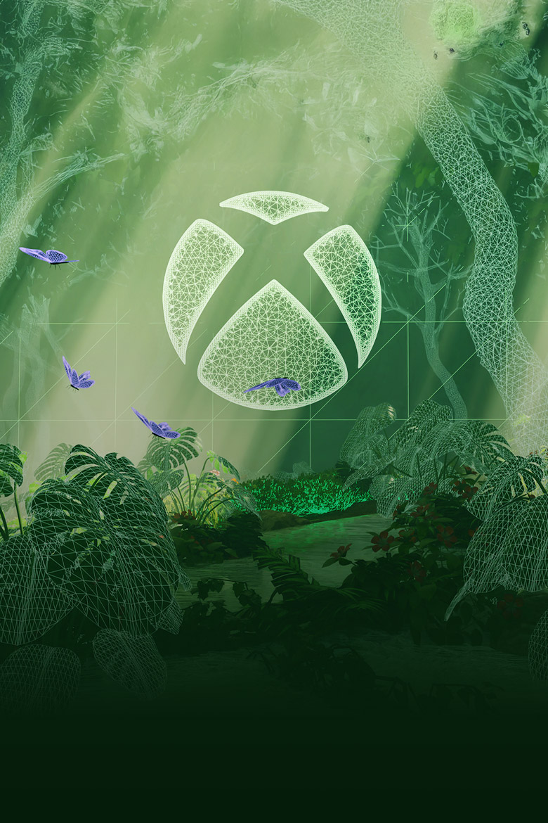 The Xbox logo floating in a green forest with purple butterflies.