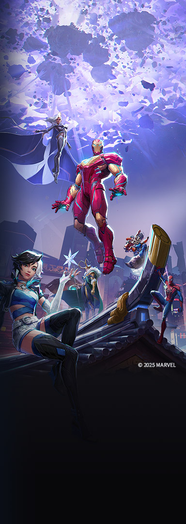 Copyright 2025 Marvel, Iron Man, Storm and other marvel superheroes grouped together on a rooftop under a crumbling purple sky.