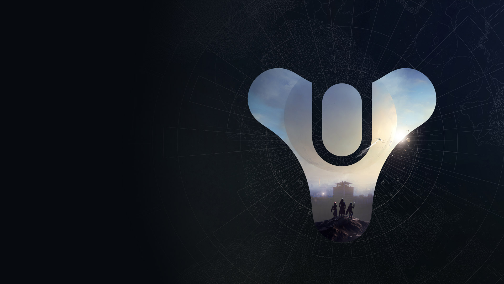 The Destiny 2 logo filled scenery of blue sky and three characters standing on a cliff.