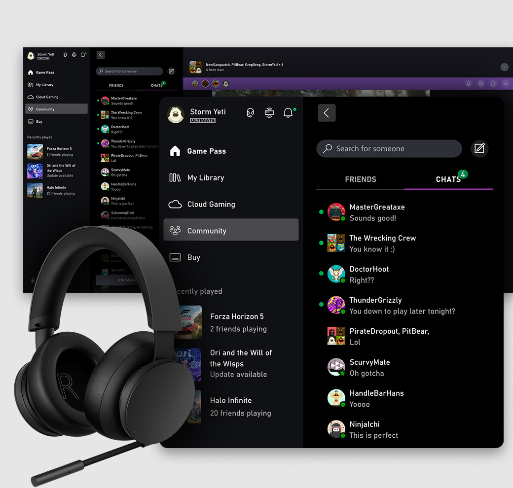 ソーシャル タブを表示した Windows PC 用 Xbox アプリのユーザー インターフェイス