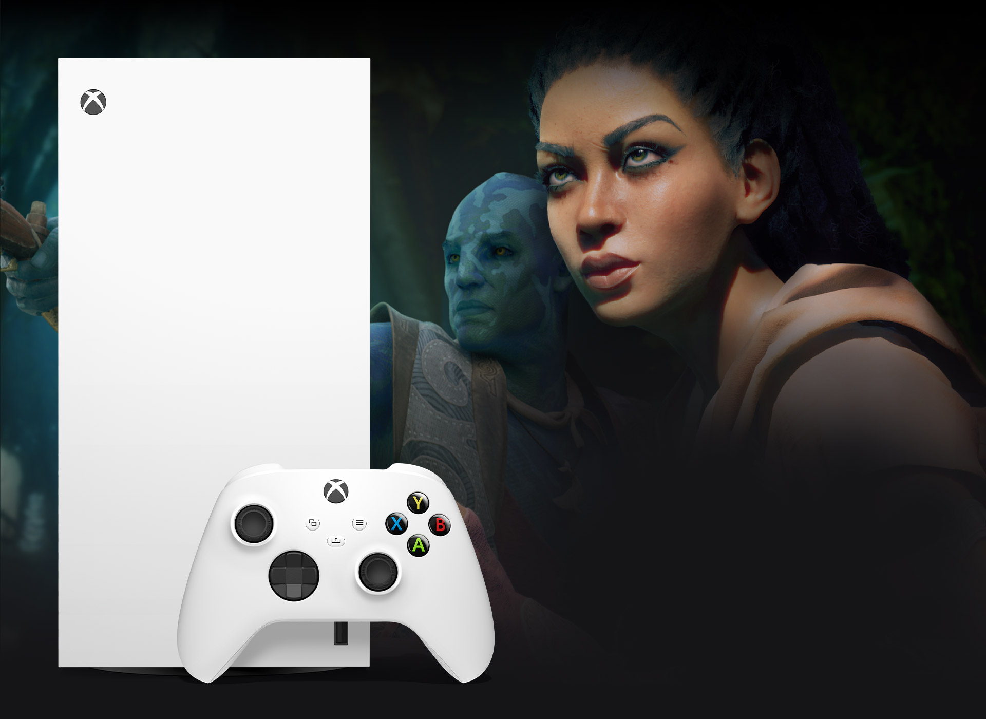 Xbox Series X – 1 TB White with two characters from Avowed looking beyond.