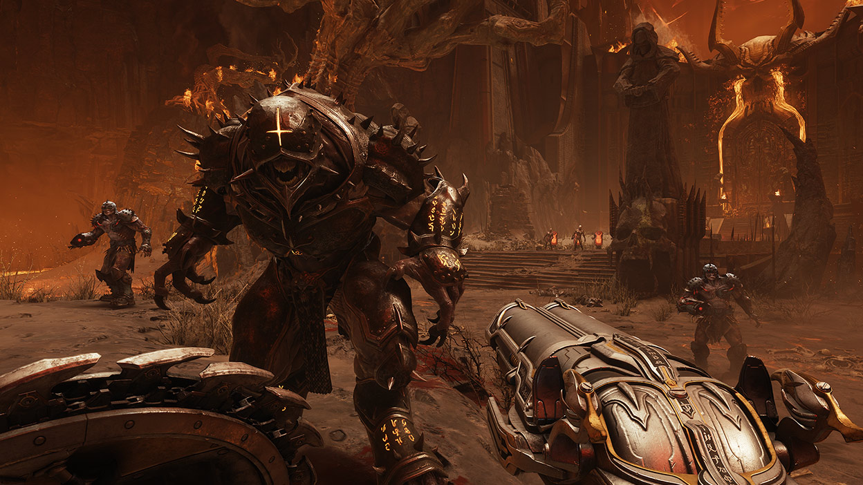 Armoured enemies covered in glowing runes protect the burning gates of hell.