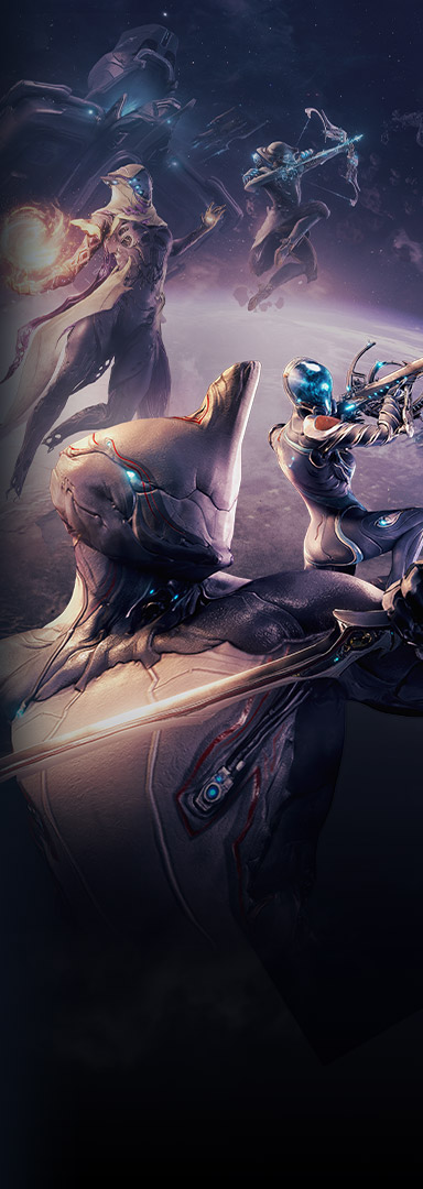 Characters from Warframe wielding weapons as they leap through space over a planet