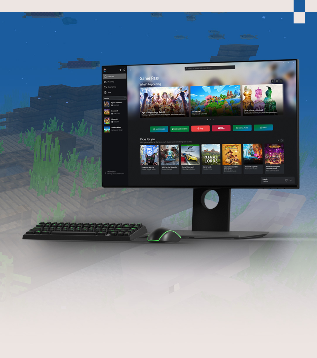 Windows bilgisayarda Xbox uygulamasındaki bir menünün görüntülendiği monitörün önden görünümü